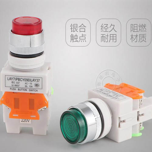 红绿凸头LAY37点动Y090110DN自复位自锁带灯220V按钮开关22mm开孔