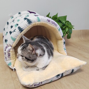 冬季 封闭式 毛绒保暖猫窝圣诞新年印花狗窝可拆洗宠物窝耐磨宠物垫