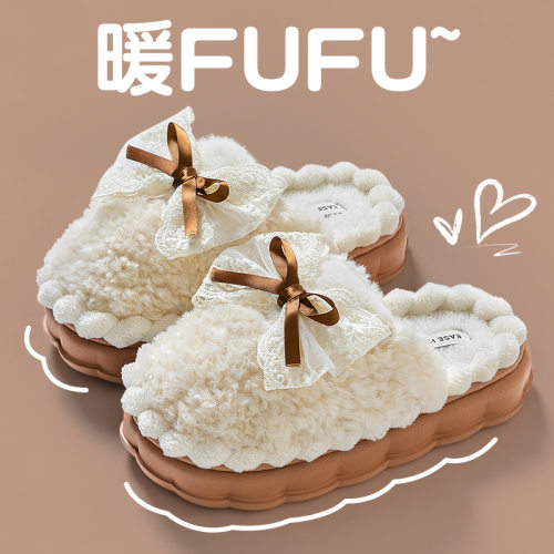 蝴蝶结棉拖鞋女士月子冬