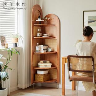 实木藤编转角酒柜复古转角置物架卧室收纳柜三角柜餐厅角落柜中古