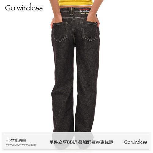 Gowireless 刺绣logo中高腰超绝百搭水洗黑直筒牛仔裤女