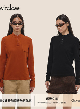 Gowireless棉质混纺绒面半开襟立领感宽松直筒复古双色长袖针织衫