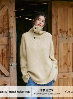 Gowireless【淡黄】羊毛秋冬季新款慵懒风高领宽松套头毛衣针织衫