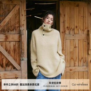 Gowireless【淡黄】羊毛秋冬季新款慵懒风高领宽松套头毛衣针织衫
