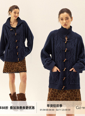 Gowireless 105工时 重磅 北极绒混纺 镂空绞花牛角扣毛衣外套女
