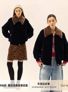 Gowireless 短密奥丽绒 秋冬保暖可拆卸毛领廓形复古丝绒棉服外套