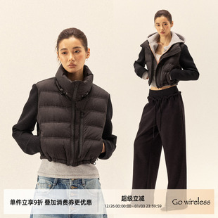 哑光黑太空棉拼接羽绒服外套 秋冬立领短款 Gowireless 90%白鸭绒