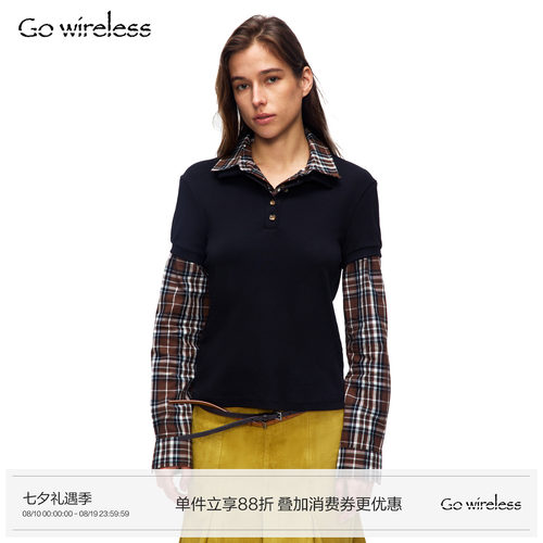 Gowireless 纯棉格纹拼接 假两件polo领 可调节长袖T恤上衣