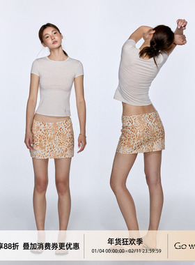 Gowireless 人丝混纺 印花豹纹低腰超短裙a字修身半身裙有安全裤