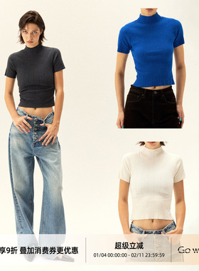 Gowireless 三色桑蚕丝羊毛混纺针织半高领休闲打底短袖T恤