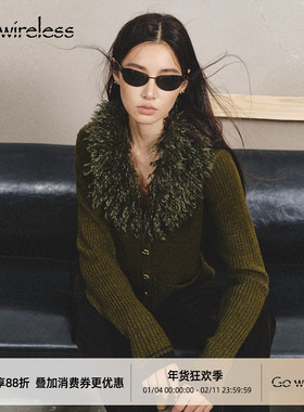 Gowireless 14支羊毛 墨绿可拆卸毛领古铜手缝扣修身毛衣开衫外套