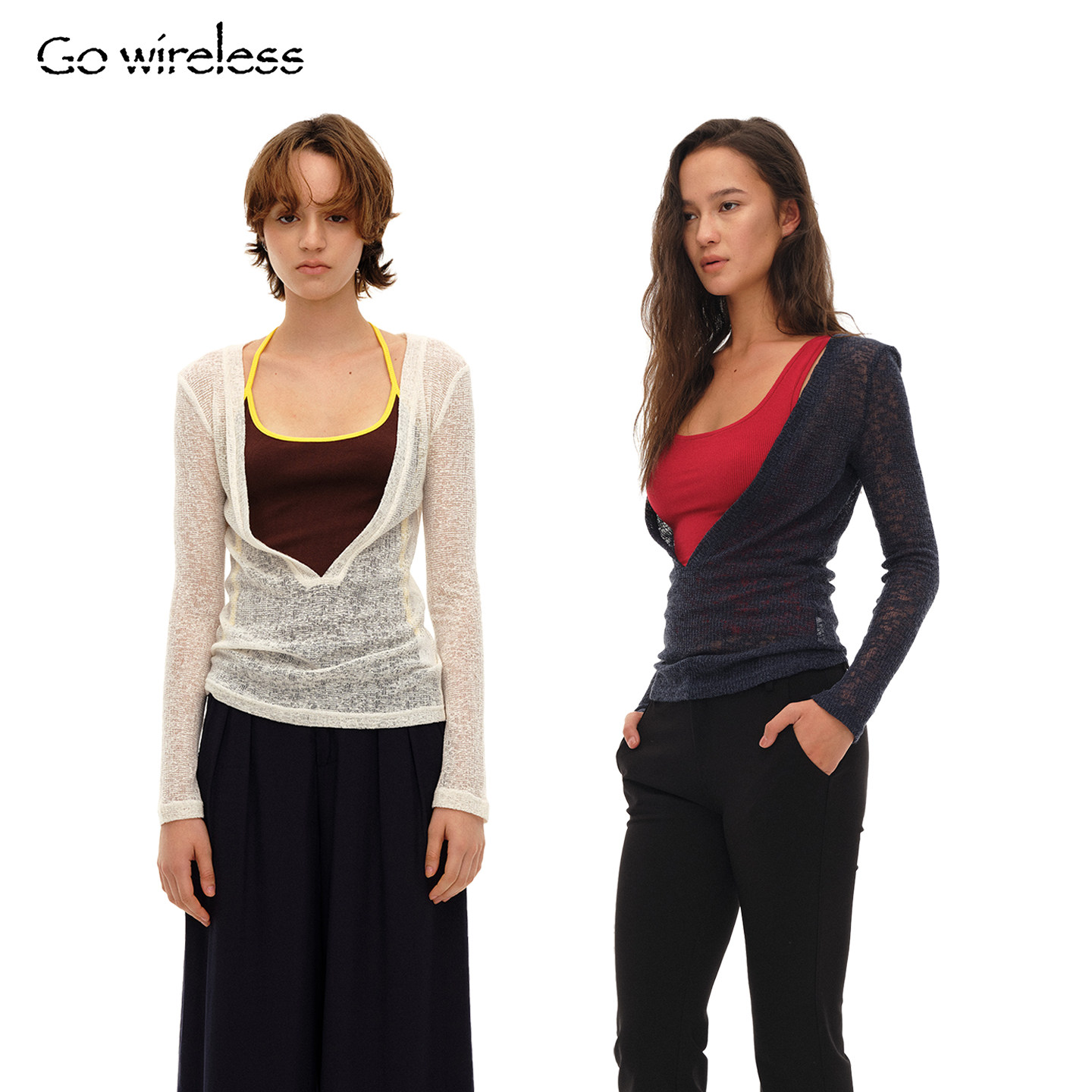 Gowireless 呼吸感 仿麻肌理感微廓形上衣V领透气轻薄长袖T恤罩衫