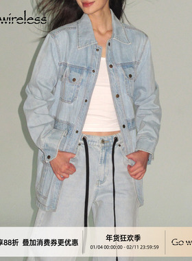 Gowireless 酵漂石磨水洗 中长款宽松正肩大翻领丹宁牛仔外套