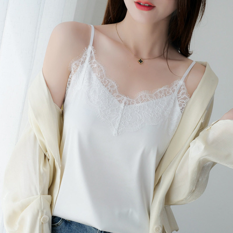 睫毛蕾丝吊带背心女夏季百搭丝绸缎面西装内搭上衣真丝美背打底衫