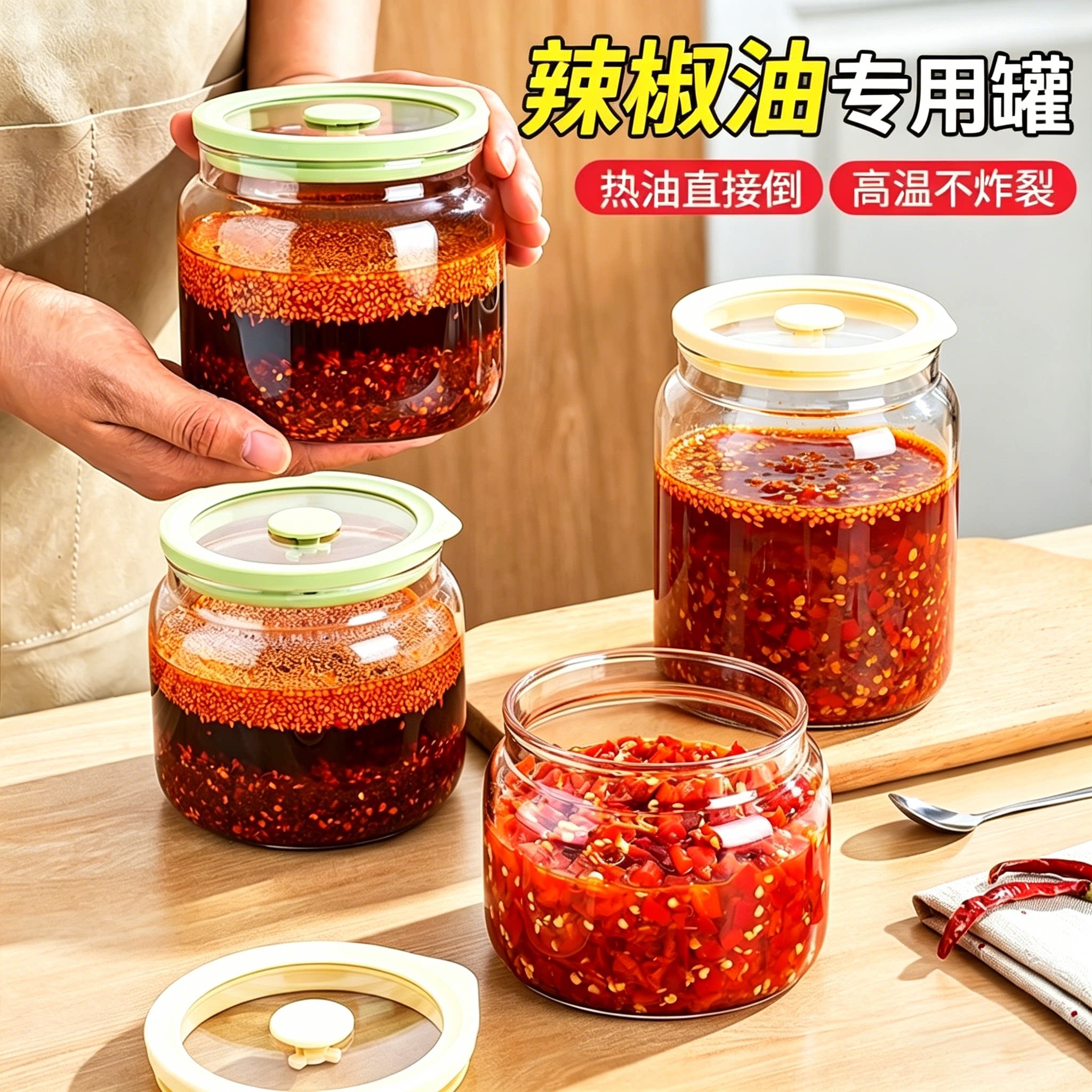 辣椒油专用罐玻璃油泼辣子容器家用猪油耐高温带盖食品级密封罐子图片