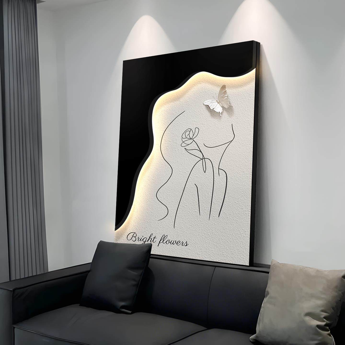 黑白现代简约人物线条客厅装饰画沙发背景墙挂画高级感落地壁灯画
