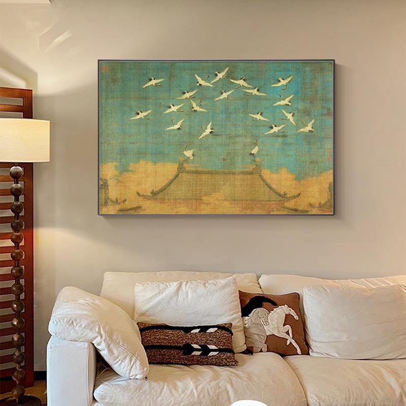 宋徽宗瑞鹤图新中式客厅装饰画法式中古风挂画宋代美学画茶室壁画