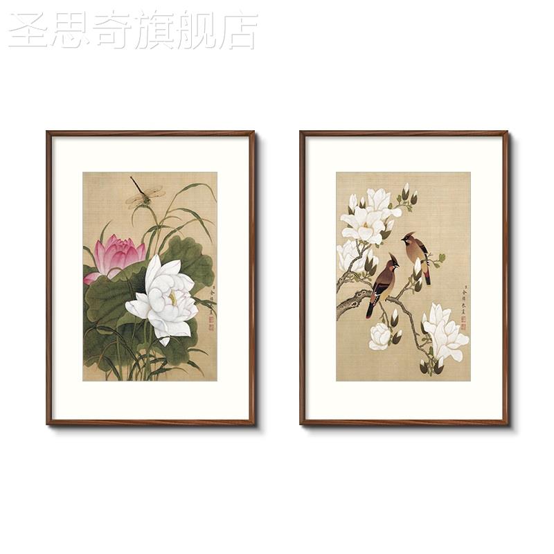 网红花式鸟中新国画客厅玄关荷花装饰画沙发背景墙面壁画饭厅竖版图片