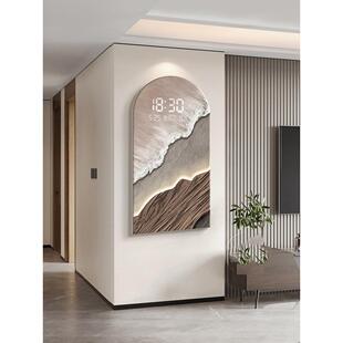 侘寂风海浪玄关装饰画电子屏拱形走廊挂画带钟表入户门挂钟壁画