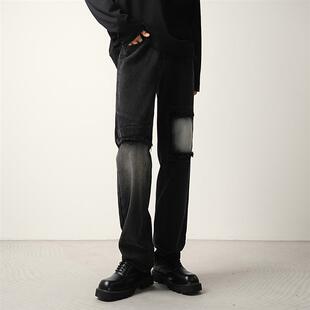CONVERGES黑色乞丐补丁破洞牛仔裤男款宽松直筒雅痞帅气潮流长裤