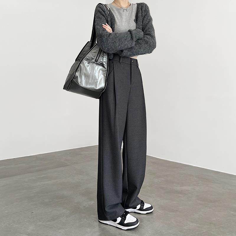 灰色羊毛阔腿裤女秋冬2024新款高腰垂感小个子窄版直筒毛呢西装裤