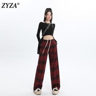 ZYZA红色格子美式阔腿裤女2024秋冬新款加绒休闲裤黑红格纹长裤子