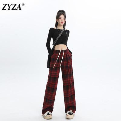ZYZA红色格子美式阔腿裤女2024秋冬新款加绒休闲裤黑红格纹长裤子