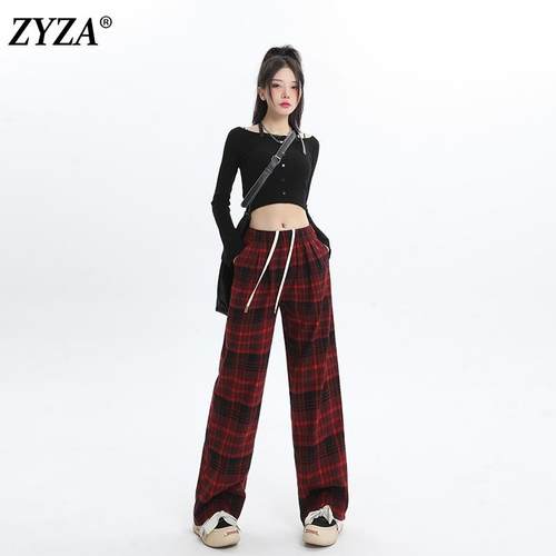 ZYZA红色格子美式阔腿裤女2024秋冬新款加绒休闲裤黑红格纹长裤子