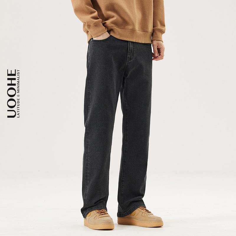 UOOHE黑色牛仔裤男春季新款修身窄版直筒男裤水洗宽松休闲长裤子