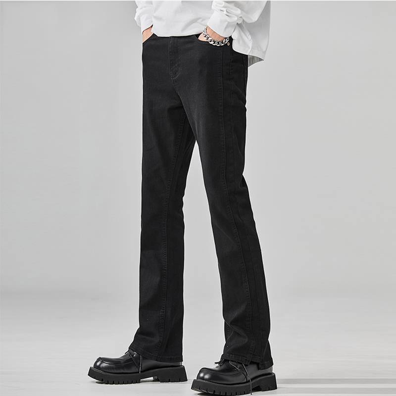 黑色水洗牛仔裤男秋冬新款加绒加厚高街美式修身垂感微喇直筒长裤