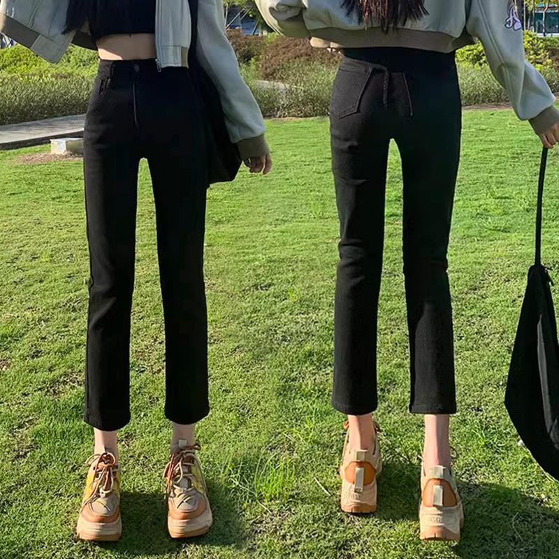 黑色烟管直筒牛仔裤女2024年秋冬季加绒高腰显瘦七八九分法棍裤子