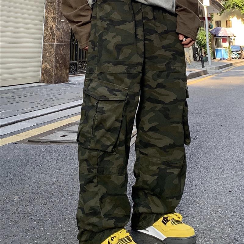麻饭同学 美式潮牌复古迷彩裤工装宽松直筒大口袋休闲长裤男女