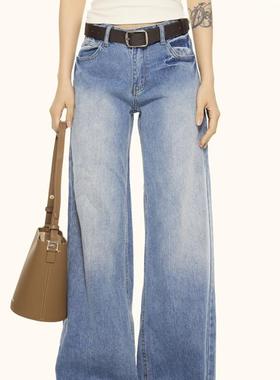 ZAVK2024美式复古百搭阔腿牛仔裤女低腰水洗直筒宽松显瘦垂感长裤