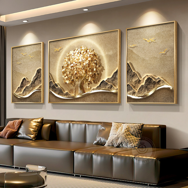 发财树客厅装饰高级感现代轻奢沙发背景墙挂九鱼靠山三联壁,家居饰品,现代装饰画,淘宝优惠券,粉丝福利购,淘宝优惠卷