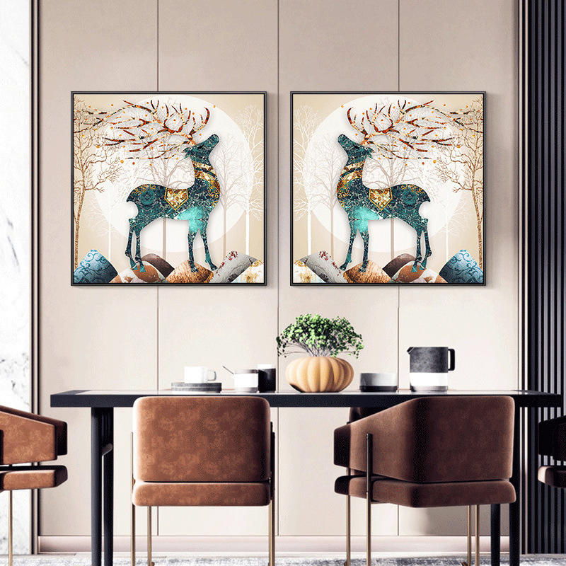 现代轻奢餐厅玄关画正方形挂画鹿玄幻餐桌饭厅壁画客厅装饰画定制图片