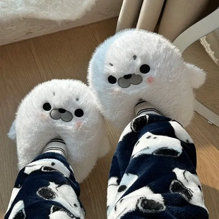 卡通可爱毛绒公仔加厚保暖棉鞋 海豹棉拖鞋 家居室内防滑地板棉鞋