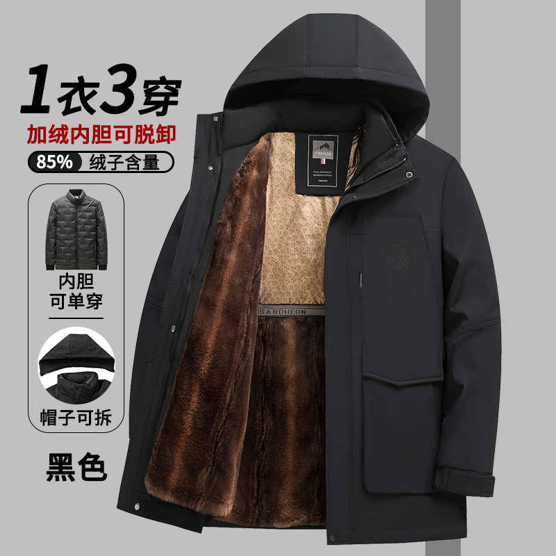 爸爸冬装羽绒服加绒加厚保暖中老年男士白鸭绒上衣可脱卸爷爷外套