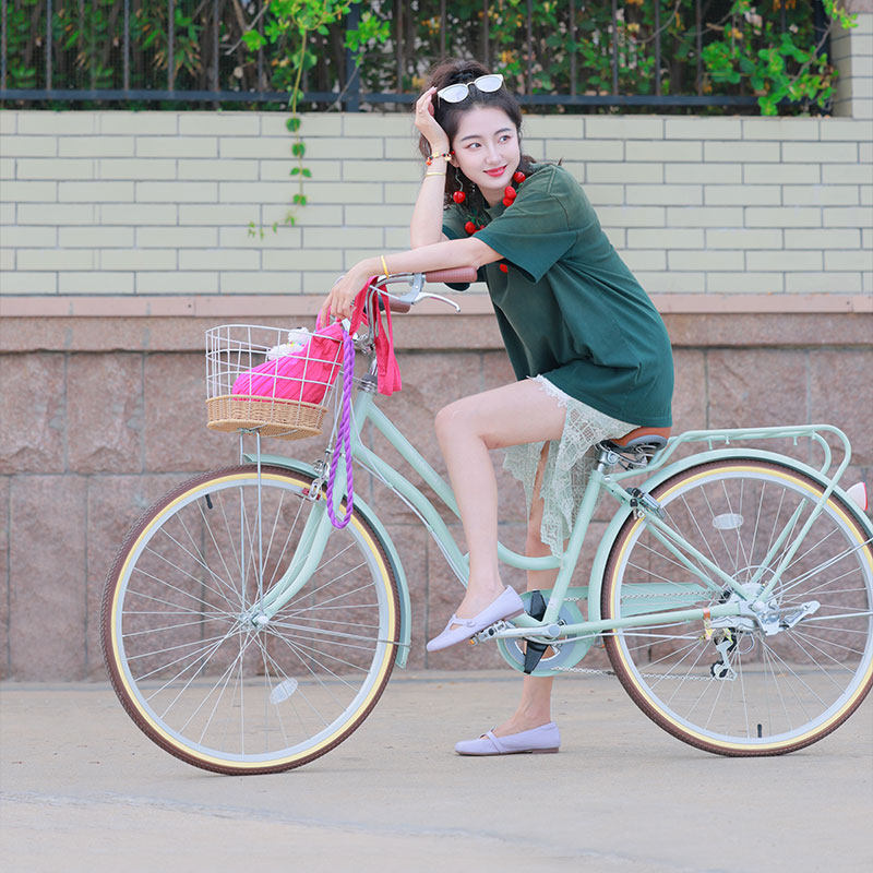 纽斯加女士款自行车成人通勤车轻便城市普通淑女骑24复古式带车筐