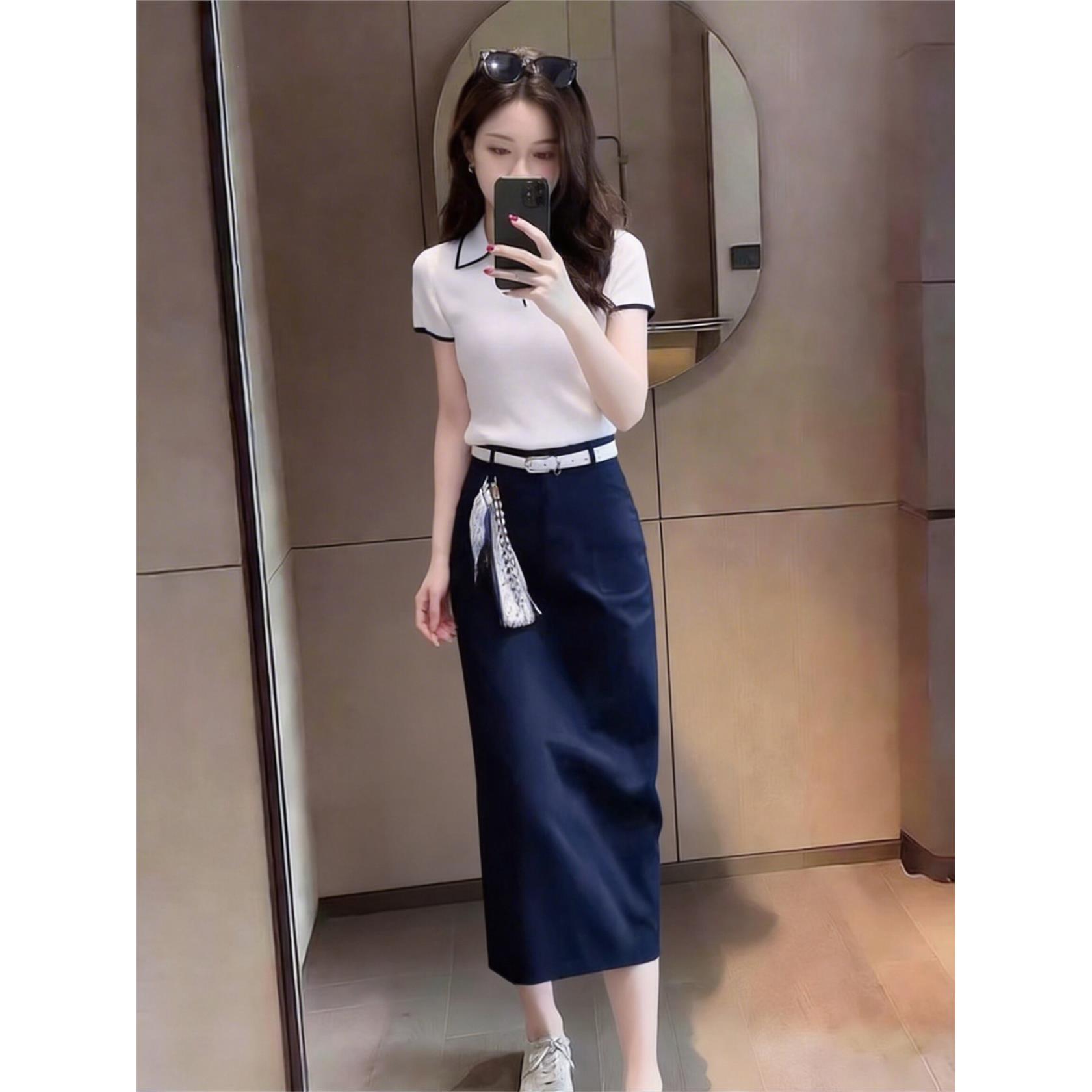 夏季轻熟风短袖半身裙女撞色腰带长裙显瘦高级感通勤穿搭套装