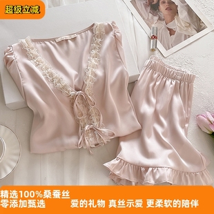 薄款 维多利亚丰维密甜美真丝睡衣女短袖 夏季 短裤 桑蚕丝家居服套装