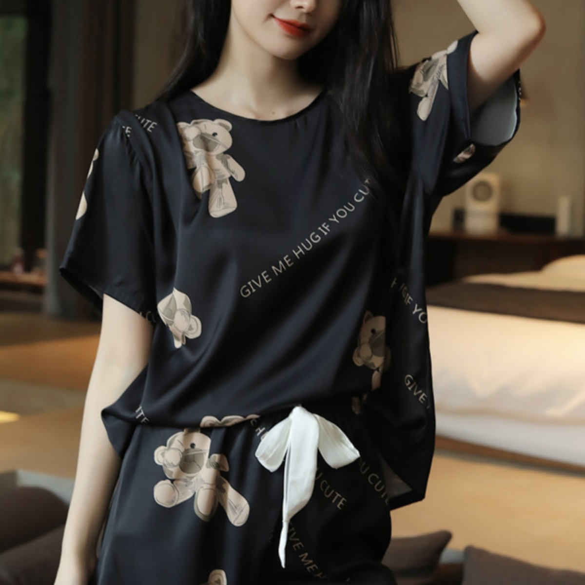 维多利亚真丝睡衣女短袖短裤套装