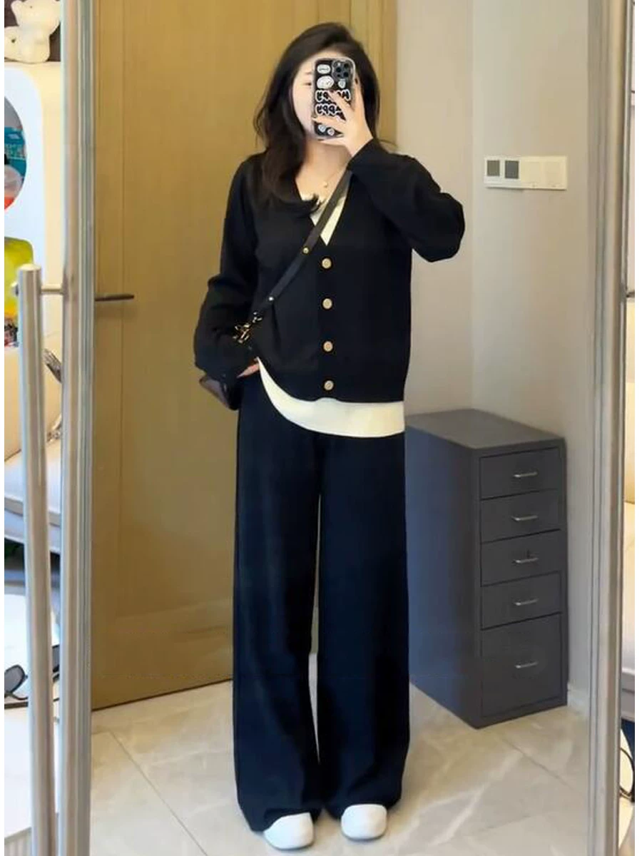 桃禧家大码一整套胖mm显瘦针织套装女秋冬胖妹妹毛衣长裤两件套