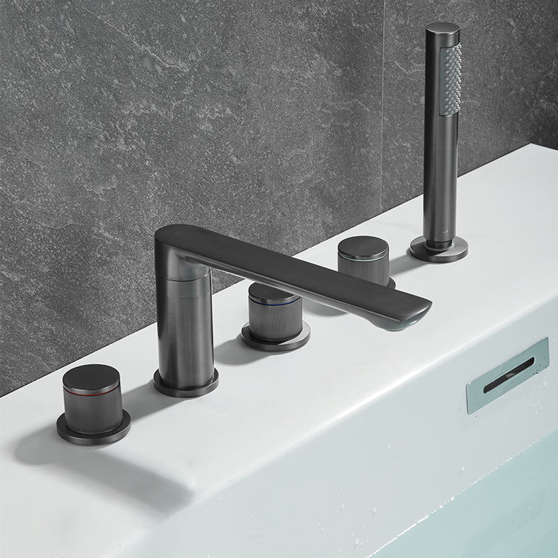 全铜枪灰色浴缸龙头缸边式冷热水龙头分体式五件套浴室花洒可旋转