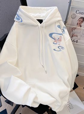 美式潮牌竹雀刺绣连帽卫衣女宽松设计感情侣装白色上衣