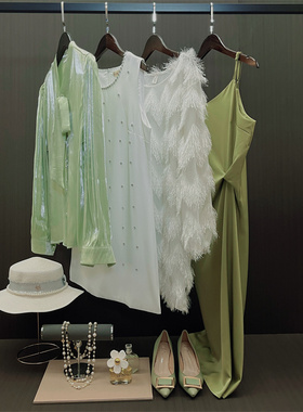 华铭软装现代绿色样板房女装饰品帽子包包托盘高跟鞋衣服别墅套装