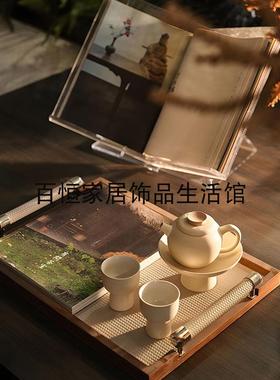 现代新中式皮革托盘茶具压克力书架创意摆件桌面茶几装饰品样板间