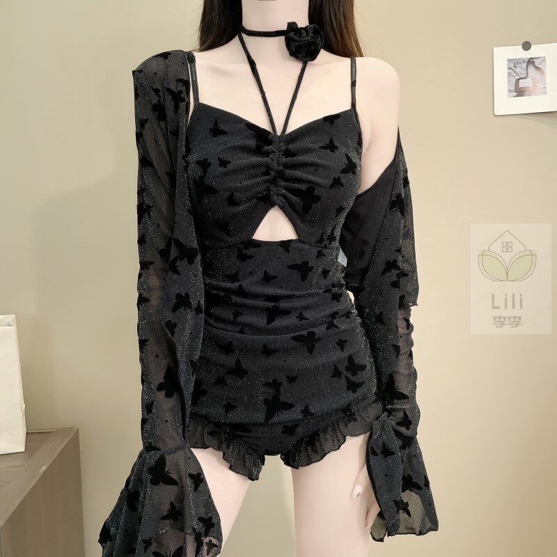 泳衣女2025新款连体遮肉显瘦黑色蕾丝长袖罩衫性感绝美感泳装