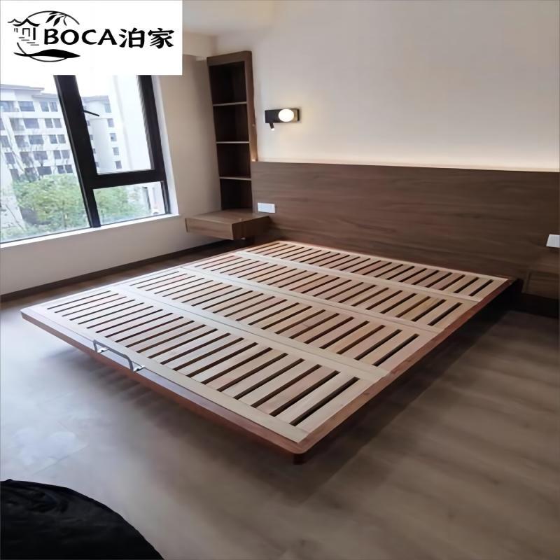 北欧白蜡木无床头悬浮床全实木榉木排骨架床2024新款主卧齐边床架