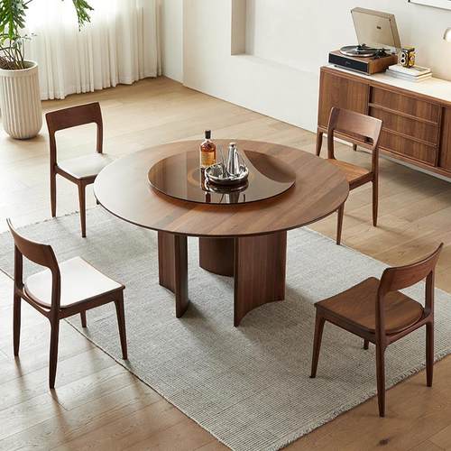 意式极简北美黑胡桃木餐桌实木圆桌带转盘高档圆形大桌子家用家具