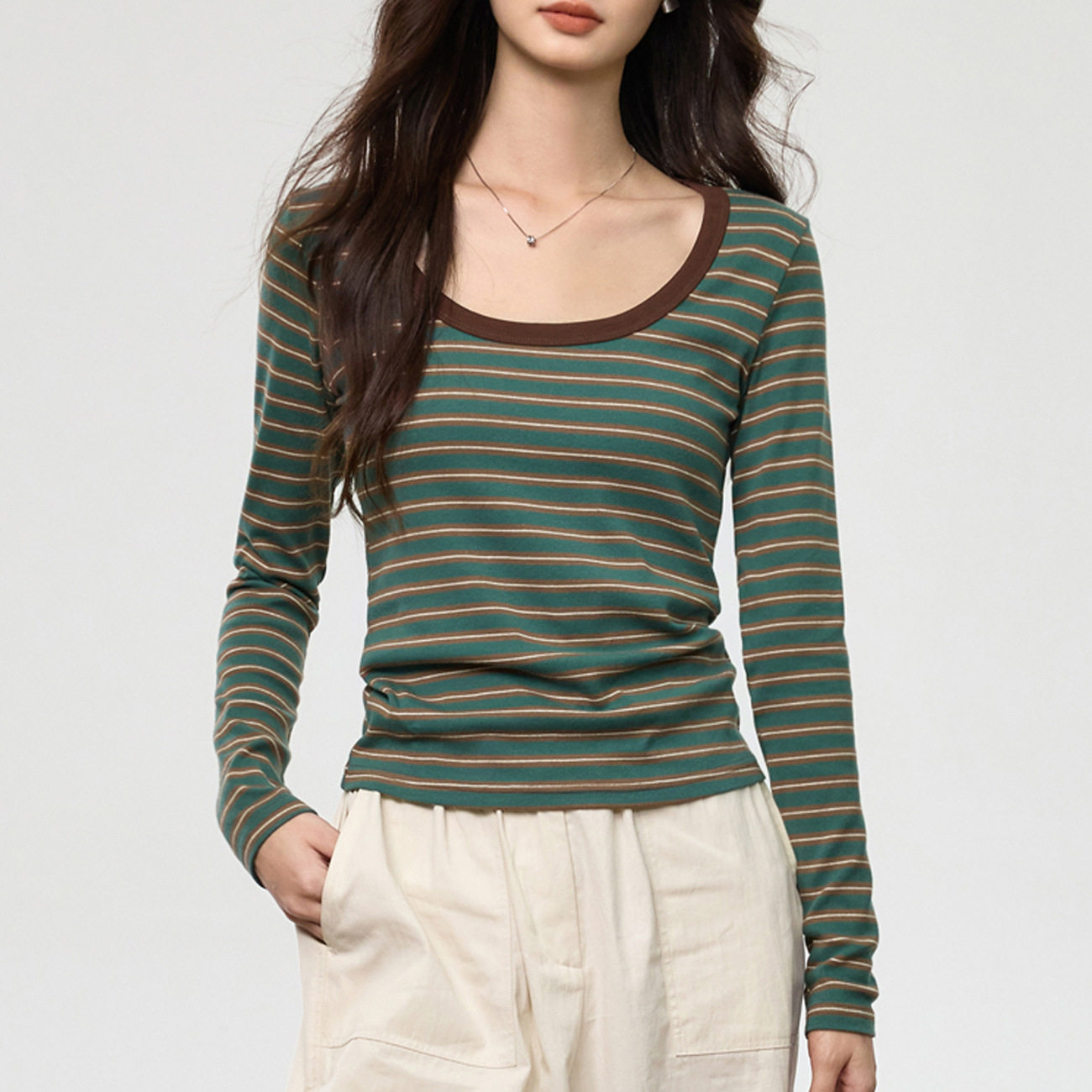 #甄选纯棉#撞色条纹打底衫女内搭2026新款洋气大圆领长袖T恤上衣